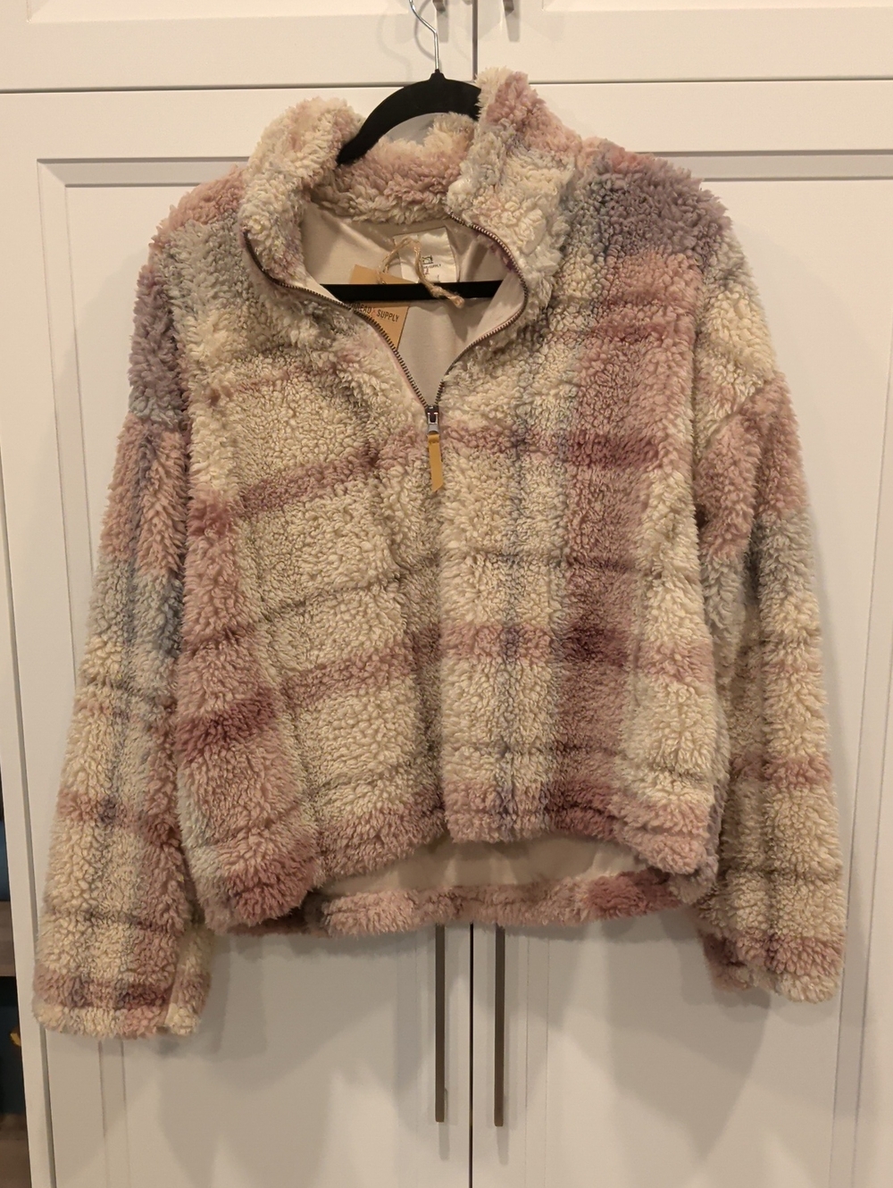 Thread & Supply Cream and Pink Plaid Sherpa Half-Zip Jacket
